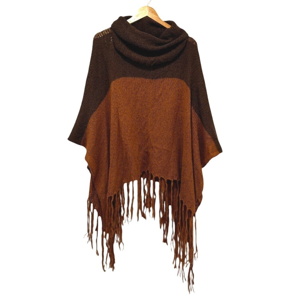 Wooden Ships Camel Brown Cowl Poncho Sweater Mohair Wool Blend Fringe S/M Boho‎